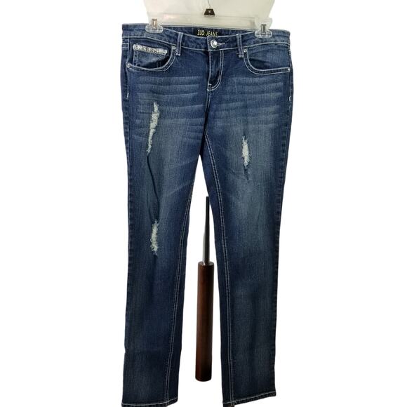 ZCO Denim Blue Jeans Bling Flap Rhinestone Pockets Distressed Straight Size 11 - Picture 1 of 4